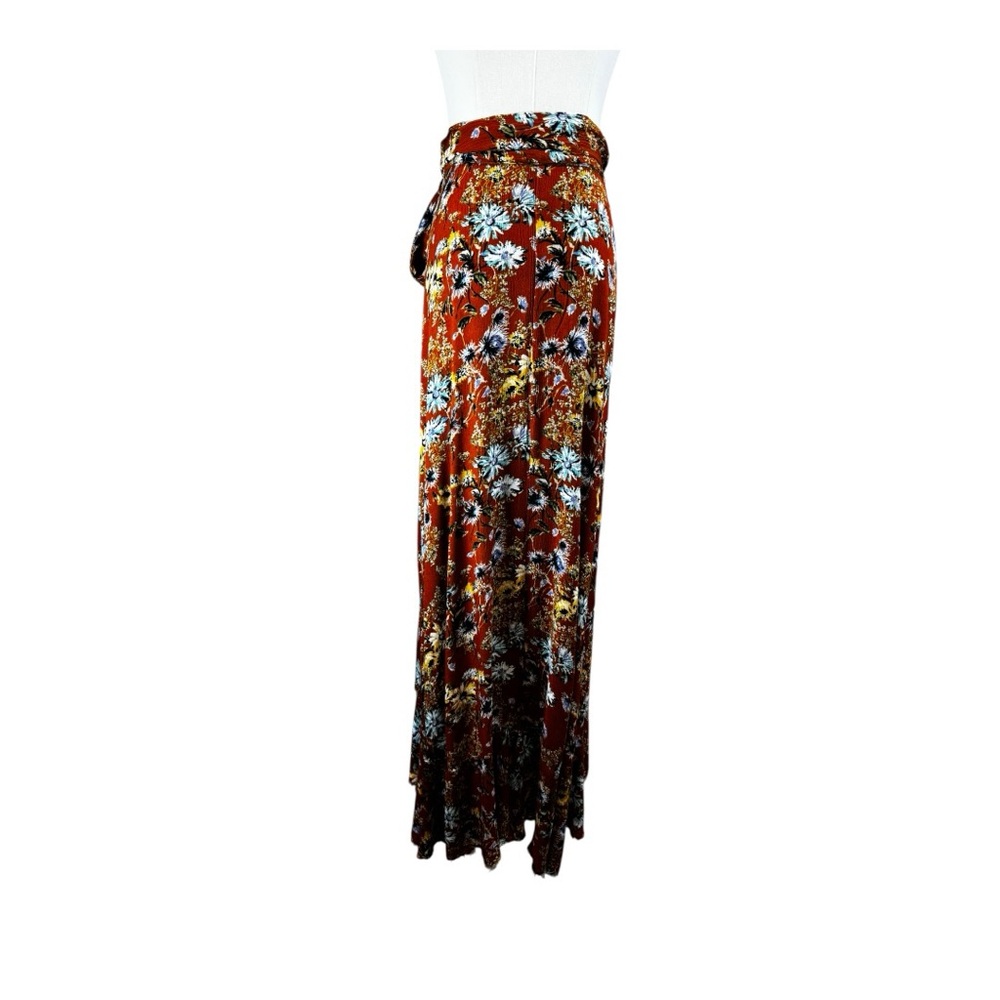 Blue Life Floral Ruffle Wrap Maxi Skirt Rust Orange Boho Festival Size Small - Picture 6 of 10